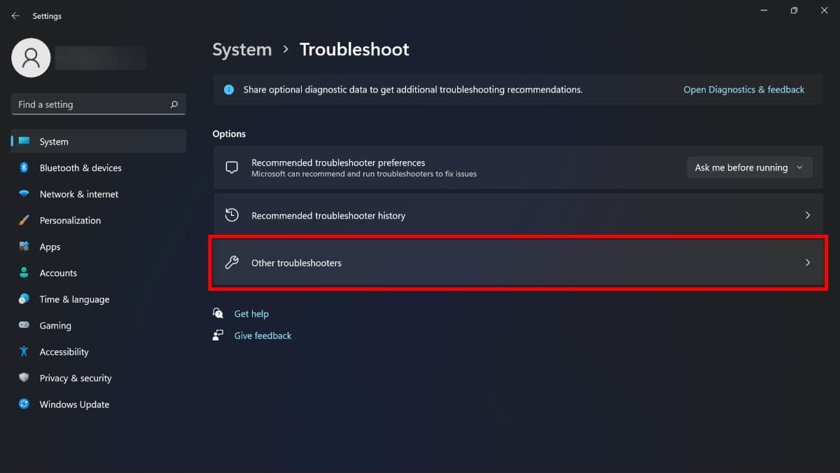 Selecting "Other troubleshooters" option in Windows Settings. 