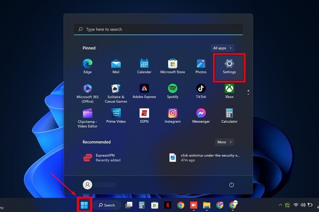 Selecting Settings from Start menu. 