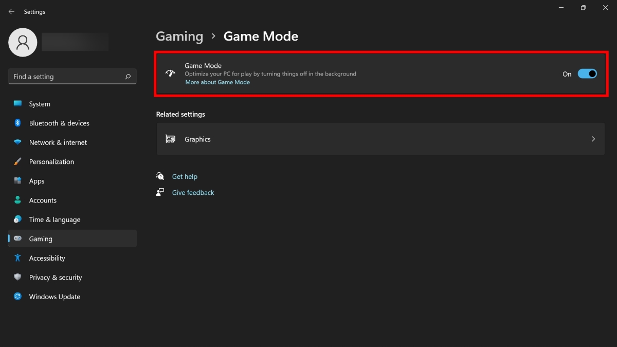 Click the toggle button to turn Game Mode off in Settings.