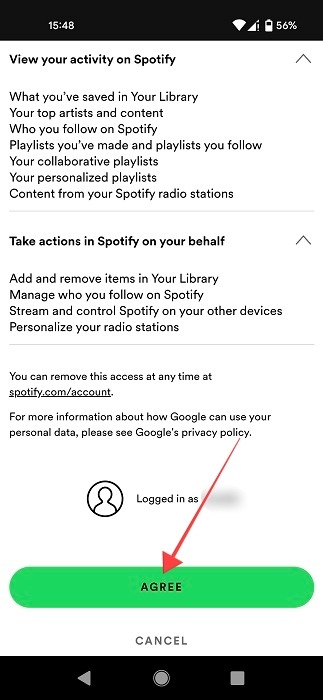 "Agree" to link option in Spotify app.