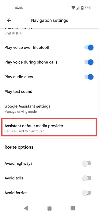 Selecting the "Assistant default media provider" option in Google Maps for Android. 