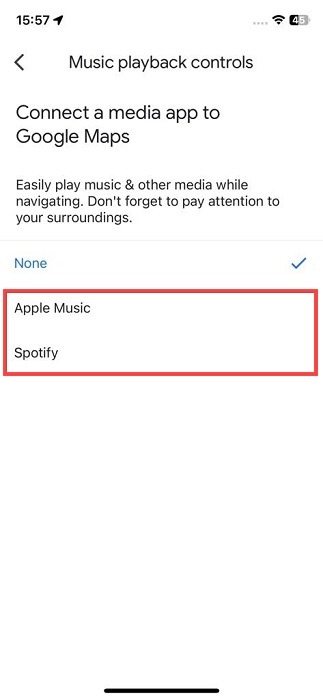Select preferred music service in Google Maps for iOS. 