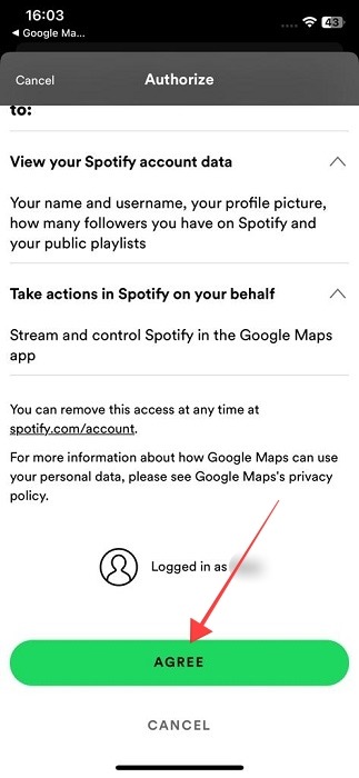 Authorizing Google to access Spotify data on Google Maps for iOS. 