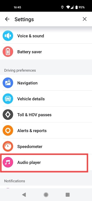 "Audio player" section in Waze.