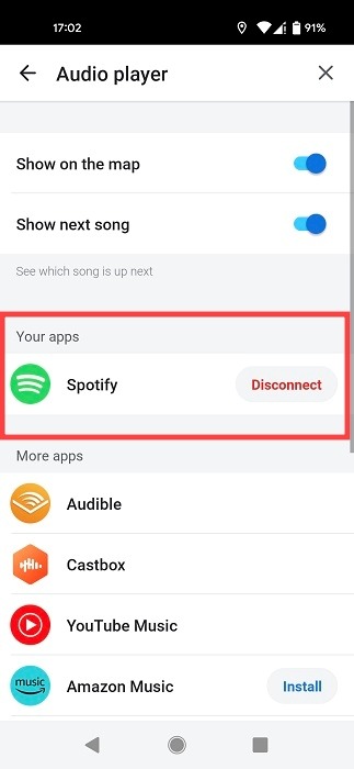 Spotify active as audio player in Waze.