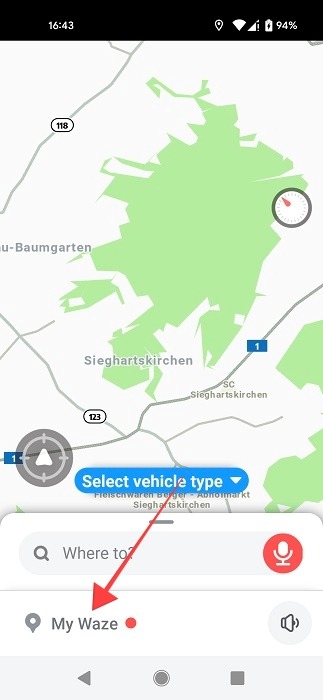 Tapping on "My Waze" option in Waze for Android.