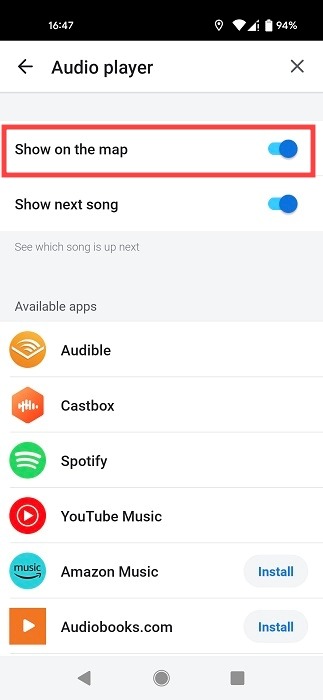 "Show on map" toggle activated in Waze.