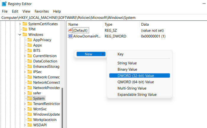 Creating a new DWORD (32-bit) Value in Registry Editor under System.