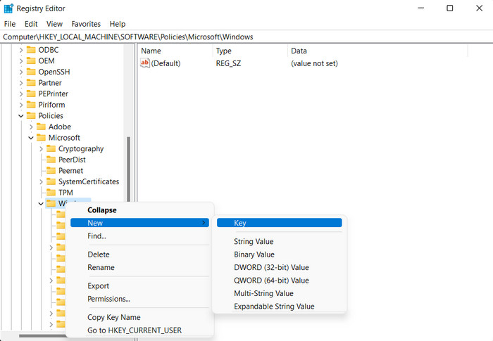 Creating a new key under "Windows" in Registry Editor.
