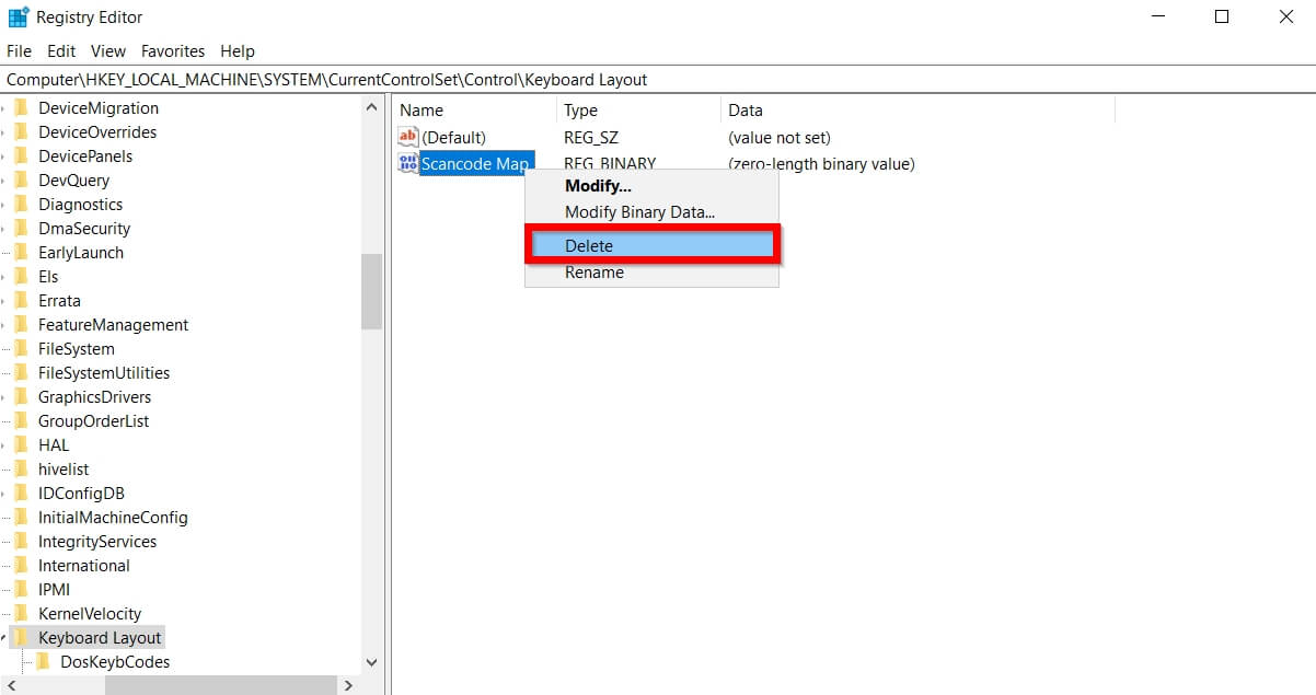 Right-clicking on "Scancode Map" key in Registry Editor."