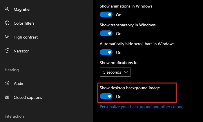 Enabling "Show desktop background image" in Windows 10.