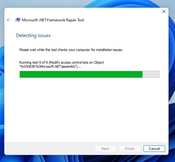 .NET Framework Repair Tool scanning to detect issues.
