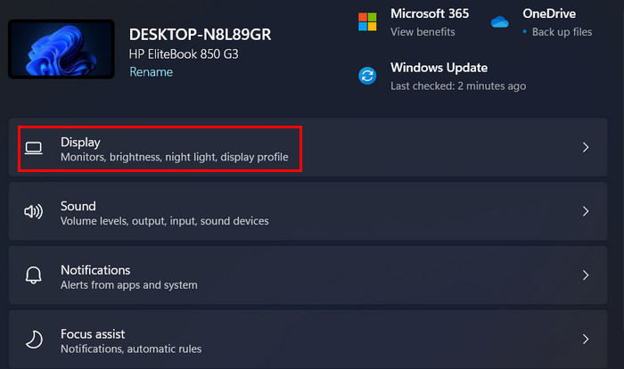 Accessing "Display" settings in Windows 11. 
