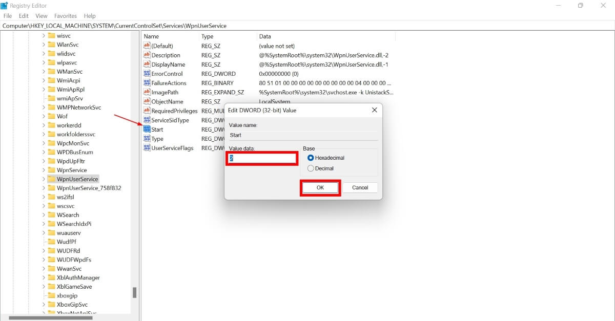 Setting value data for "Start" key in Registry Editor.