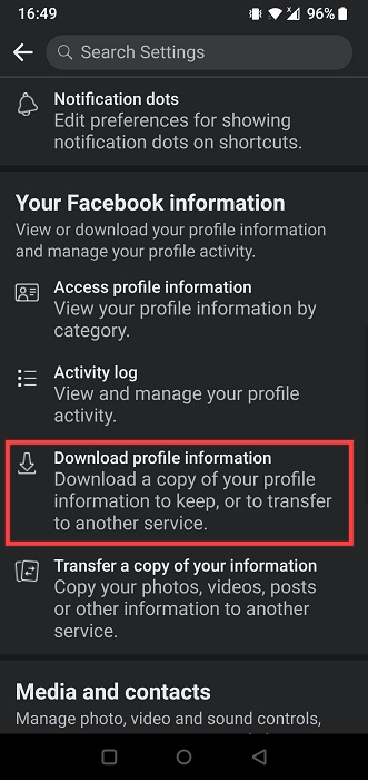 "Downloading profile information" option in Facebook app for Android.