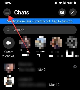 Hamburger menu view in Messenger app. 