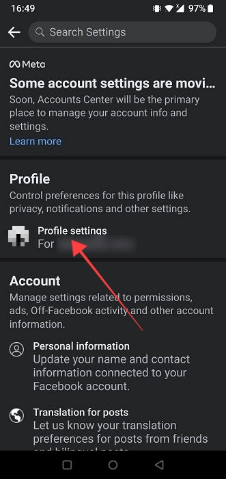 Clicking on "Profile settings" on Facebook app for Android.