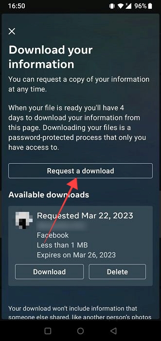 Tapping on "Request a download" button in Facebook app for Android. 