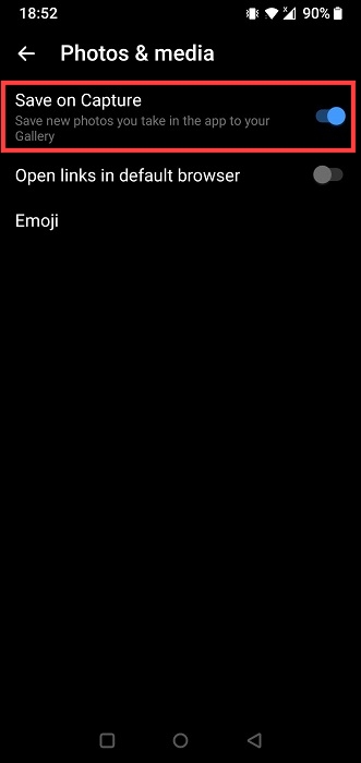 "Save on capture" toggle in in Messenger app. 