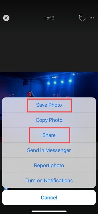 "Save Photo" and "Share" options for individual photo on Facebook app for iOS.