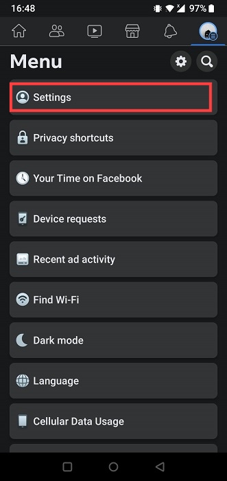 Tapping on "Settings" in Facebook app for Android.