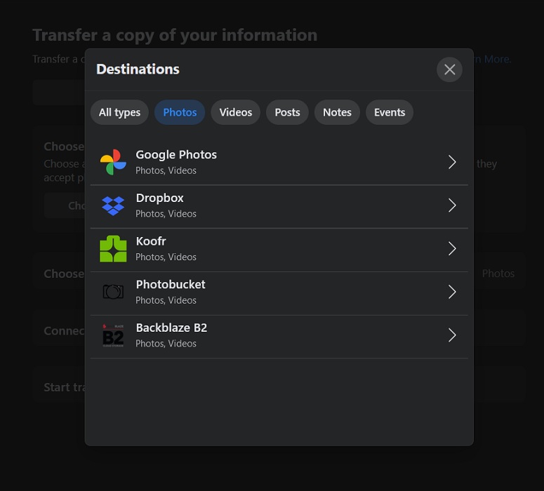Transfer a copy of information option in Facebook on web. 