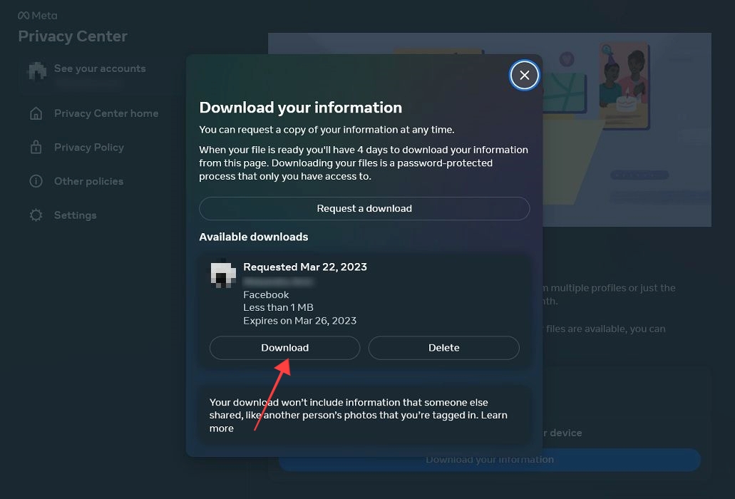 Data ready and "Download" button visible in Facebook on the web.