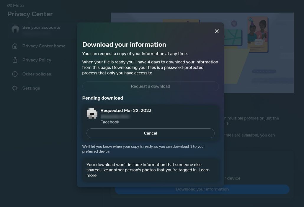 Request submitted for downloading data on Facebook on the web.