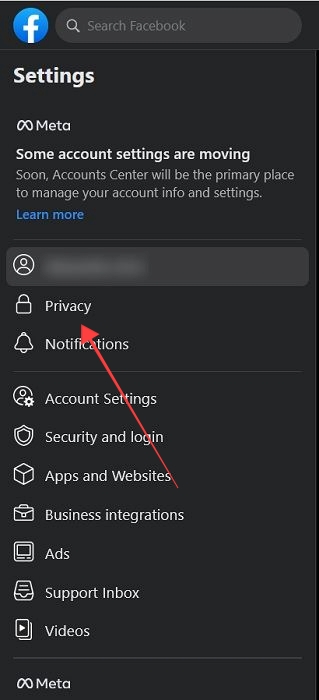 Selecting the "Privacy" option in Facebook on the web.