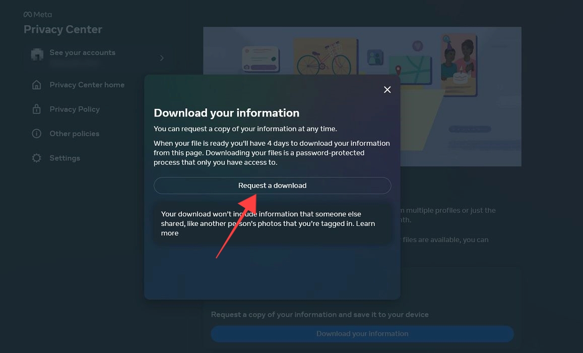 Clicking on "Request a download" button on Facebook on the web.