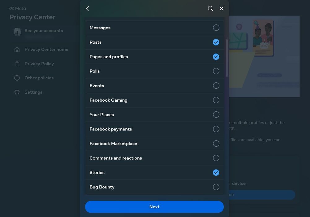 Selecting data types in Facebook on the web.