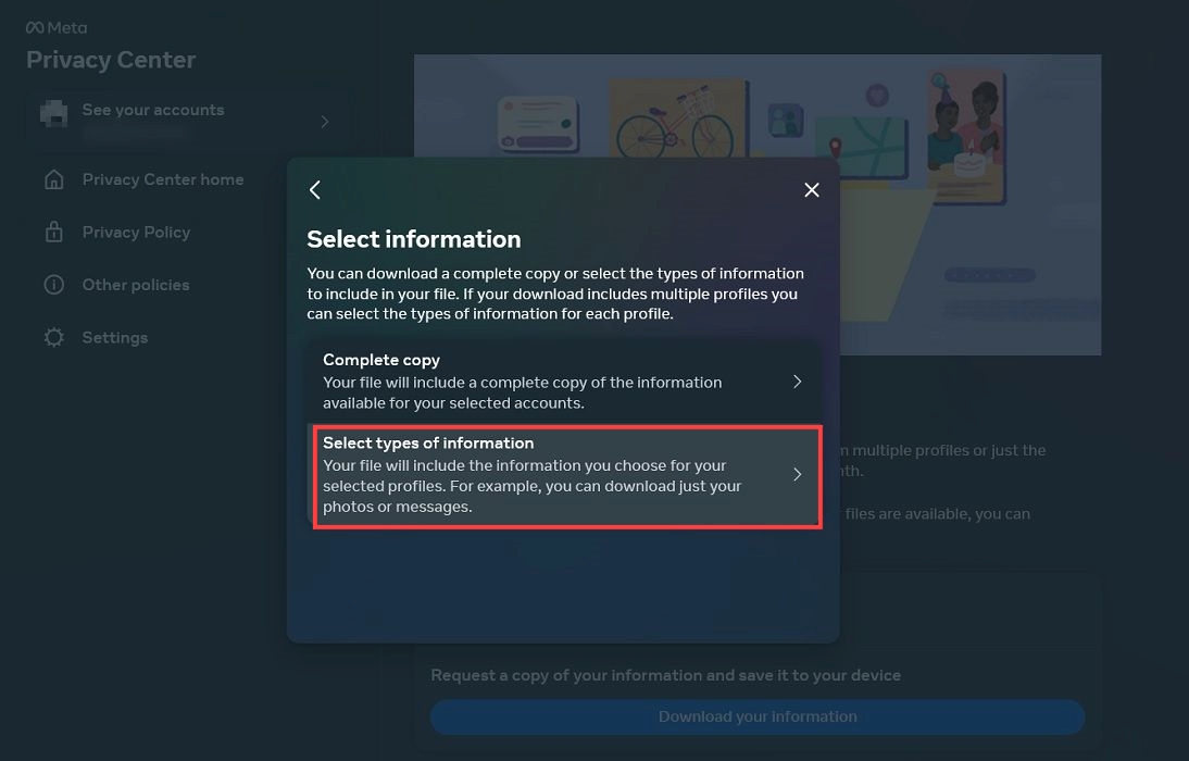 "Select type of information" option in Facebook on the web.