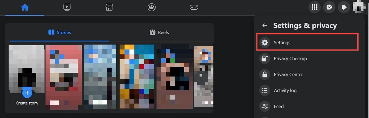 Clicking on "Settings" in Facebook on the web.