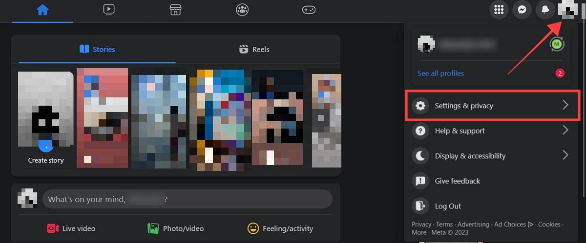 "Settings and privacy" option in Facebook for web.