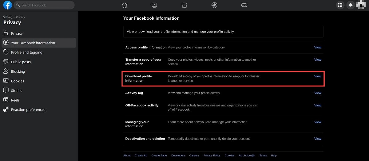 "Download profile information" option with "View" button visible in Facebook on the web.
