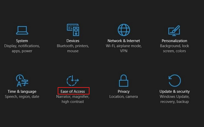 "Ease of Access" option in Settings in Windows 10.