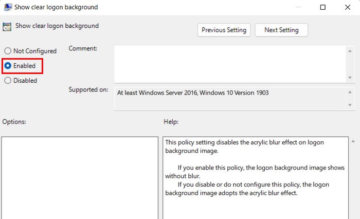 Enabling "Show clear logon background" option in Group Policy Editor. 