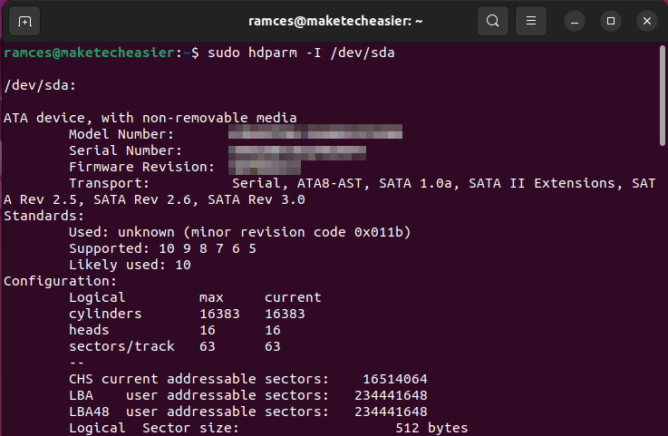 A terminal window showing the output of the hdparm command.