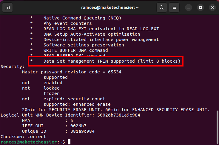 A terminal window showing the TRIM flag available for the demonstration SSD.