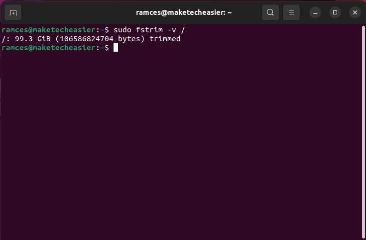 A terminal window showing the first fstrim command for the SSD.
