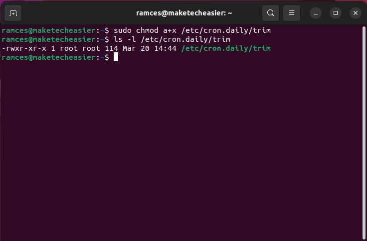 A terminal window showing the trim script with correct permission bits.