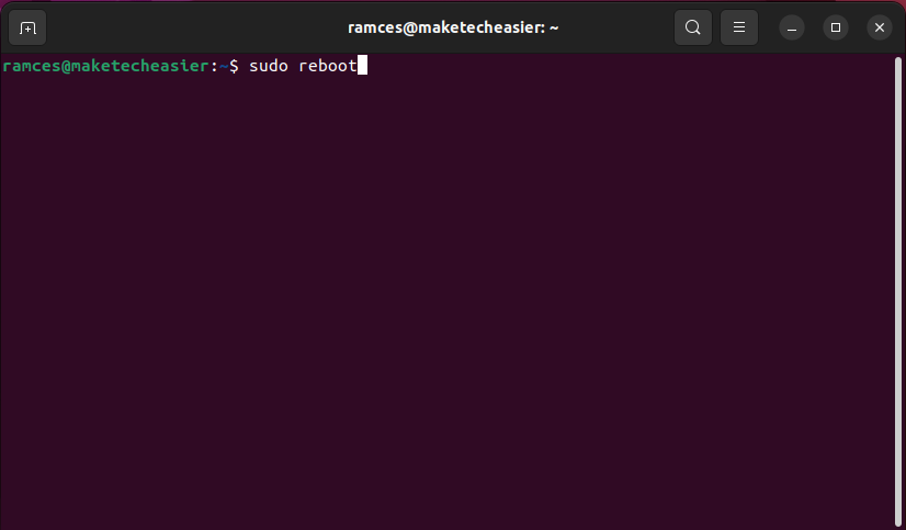 A terminal window showing the reboot command for the demonstration system.
