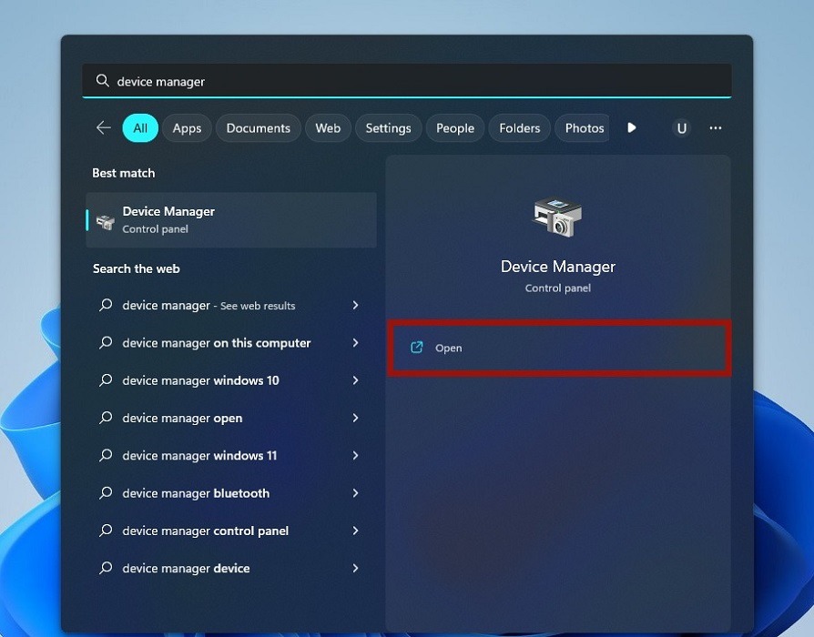 Typing "device manager" in Search in Windows.