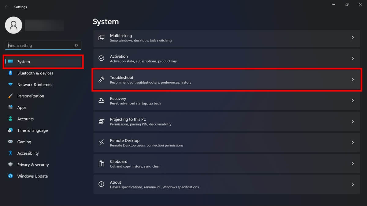 Accessing "Troubleshoot" menu in Windows Settings. 