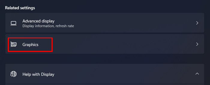 Clicking on "Graphics" option under "Related Settings" in Windows 11.