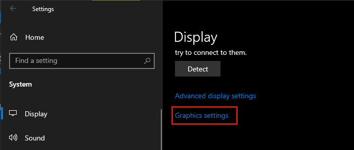 Navigating to "Graphics settings" in Windows 10.