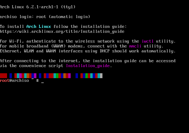 A screenshot showing the live Arch Linux environment.