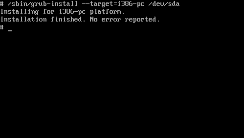 A window showing the reinstallation process for GRUB in Arch Linux.