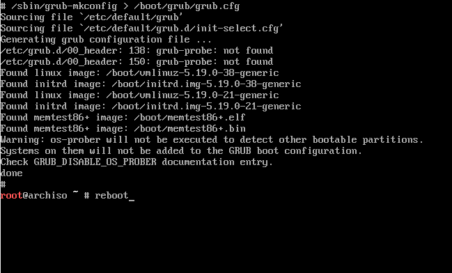 A screenshot showing the reboot command in Arch Linux.