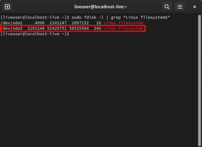 A window showing the Linux filesystem partitions in the live session.